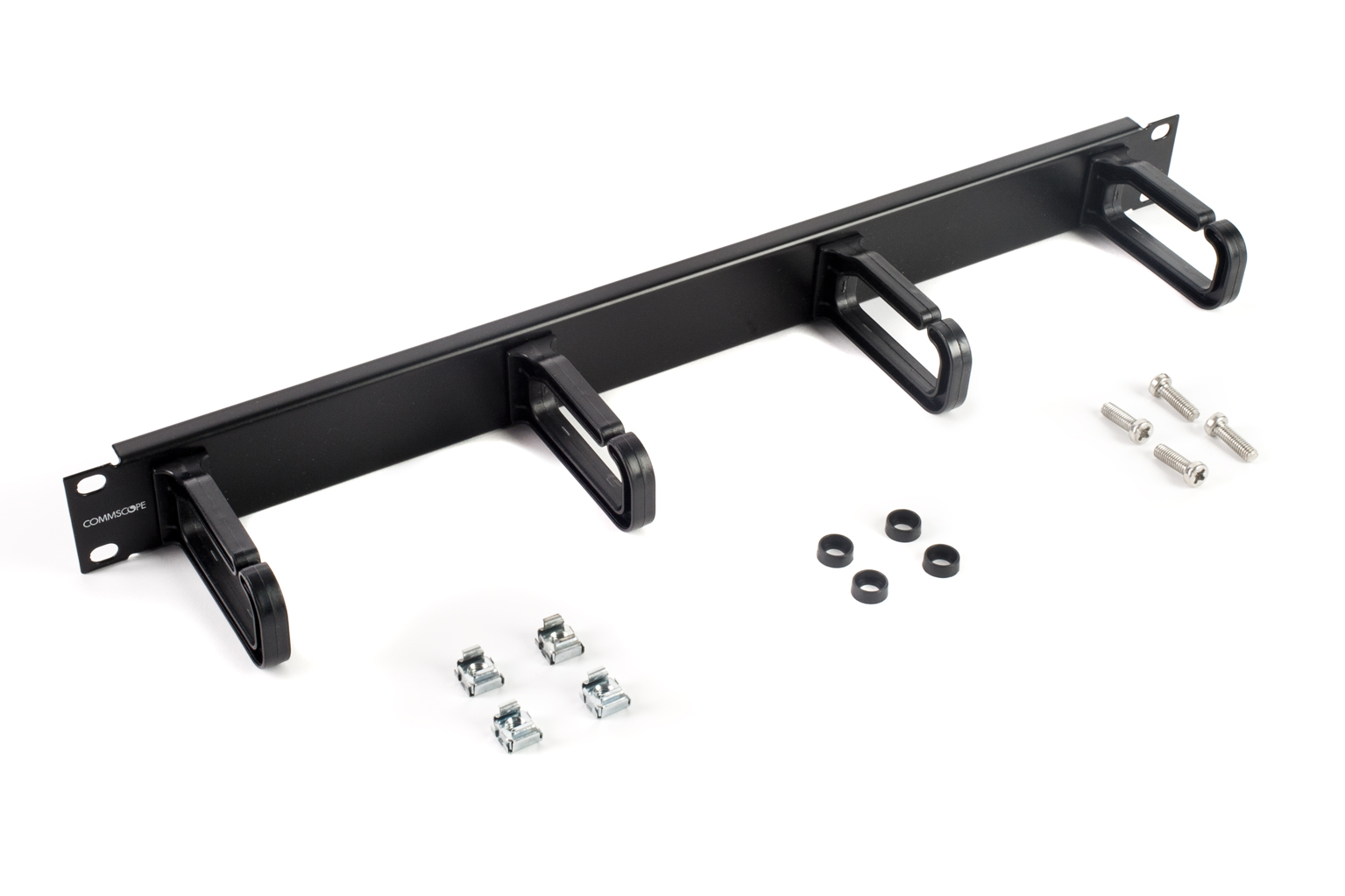 4 Ring Metal Patch Cord Minder - Black - 80mm Loops. Includes cage nuts