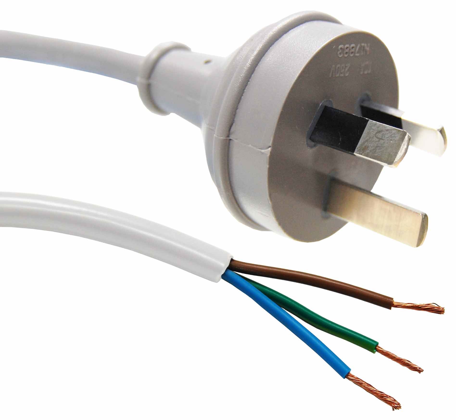 2M 3 Pin Plug to Bare End, 3 Core 1mm Cable, White Colour SAA Approved