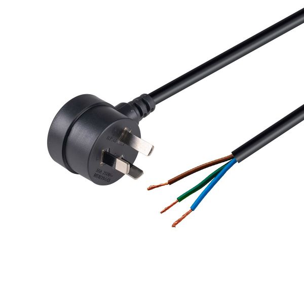 2M 3 Pin Tapon Plug to Bare End, 3 Core 1mm Cable, Black Colour, SAA Approved