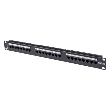 24 Port 19'' Cat6 UTP Patch Panel with plastic labelling kit. T568A & T568B Wiring. 1RU. 110x Terminations.
