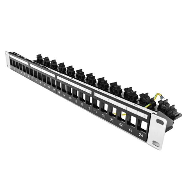 24 Port 19'' 1RU STP/UTP Unloaded Keystone Patch Panel with Rear Cable Management bar. Grounding Wire Included.RoHs Numbered 1-24.with plastic labelling Kit