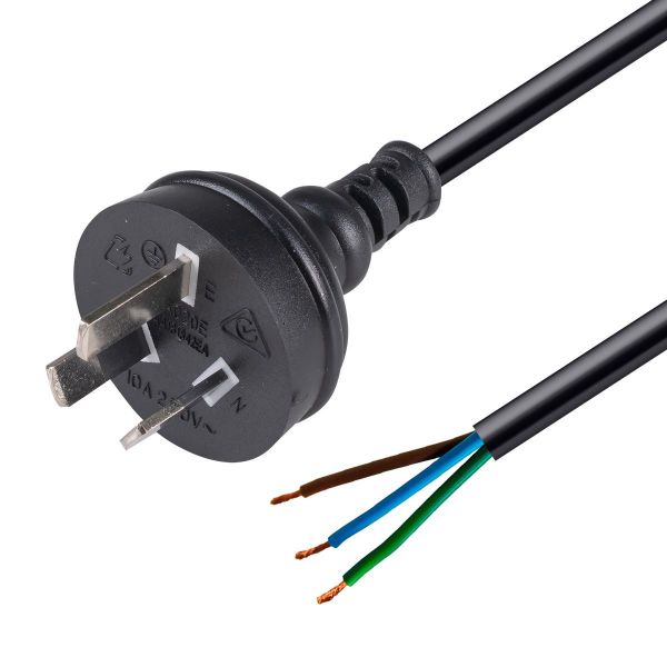 1M 3 Pin Plug to Bare End, 3 Core 1mm Cable, Black Colour SAA Approved