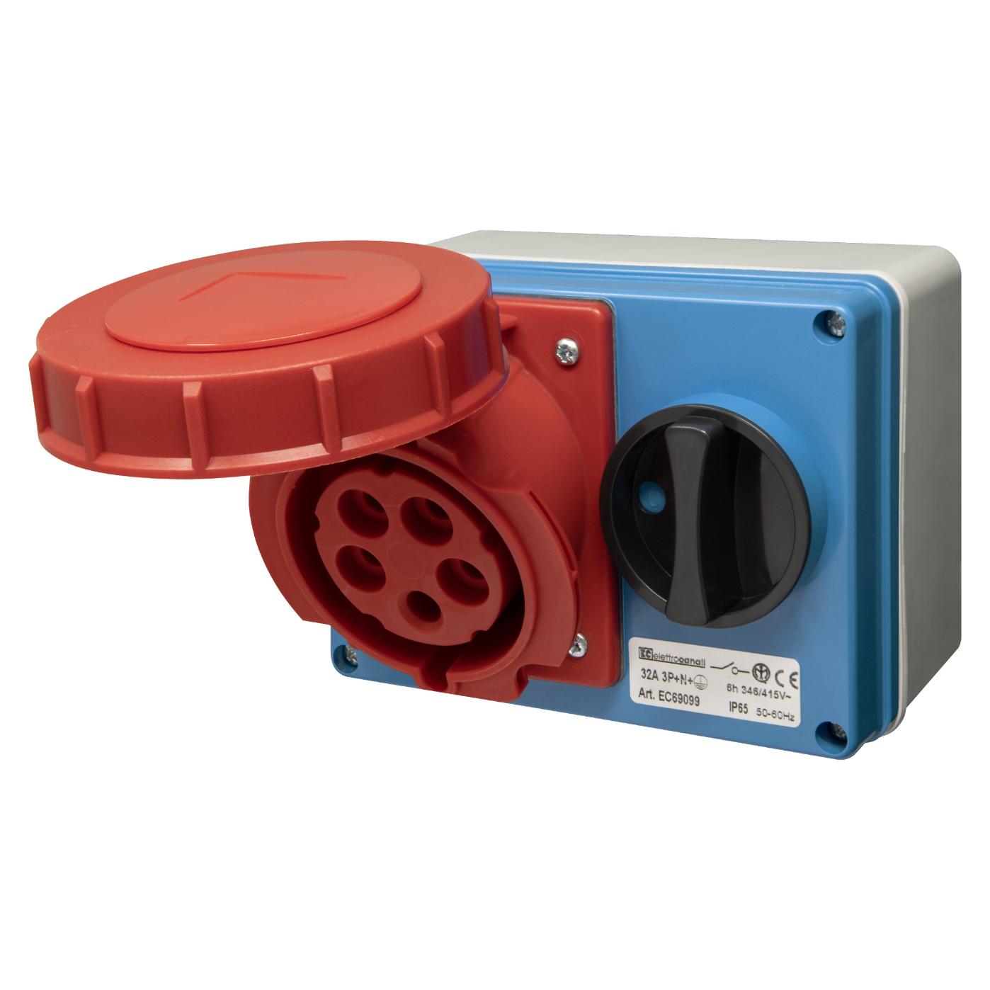 Wall Mount Interlocked Horiz.l Switched Socket IP 67 32A 3P+N+E