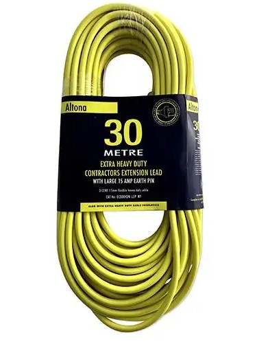 30mtr, Xtra H/D 15A 1.5mm Ext. Lead with Neon and Large 15A Earth Pin - Neon Yellow