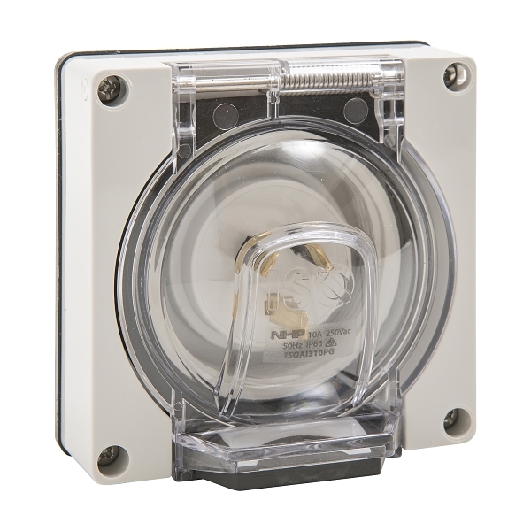 APPLIANCE INLET 3 FLAT PINS 10A 250V AC GREY LESS BACK BOX