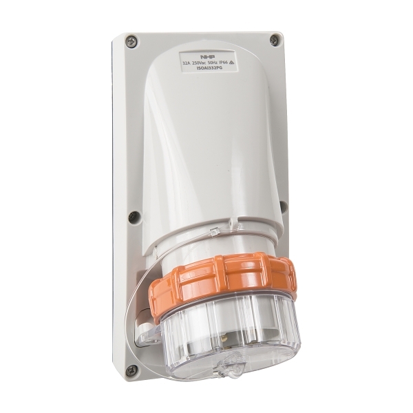 APPLIANCE INLET 3 ROUND PINS 32A 250V AC GREY LESS BACK BOX