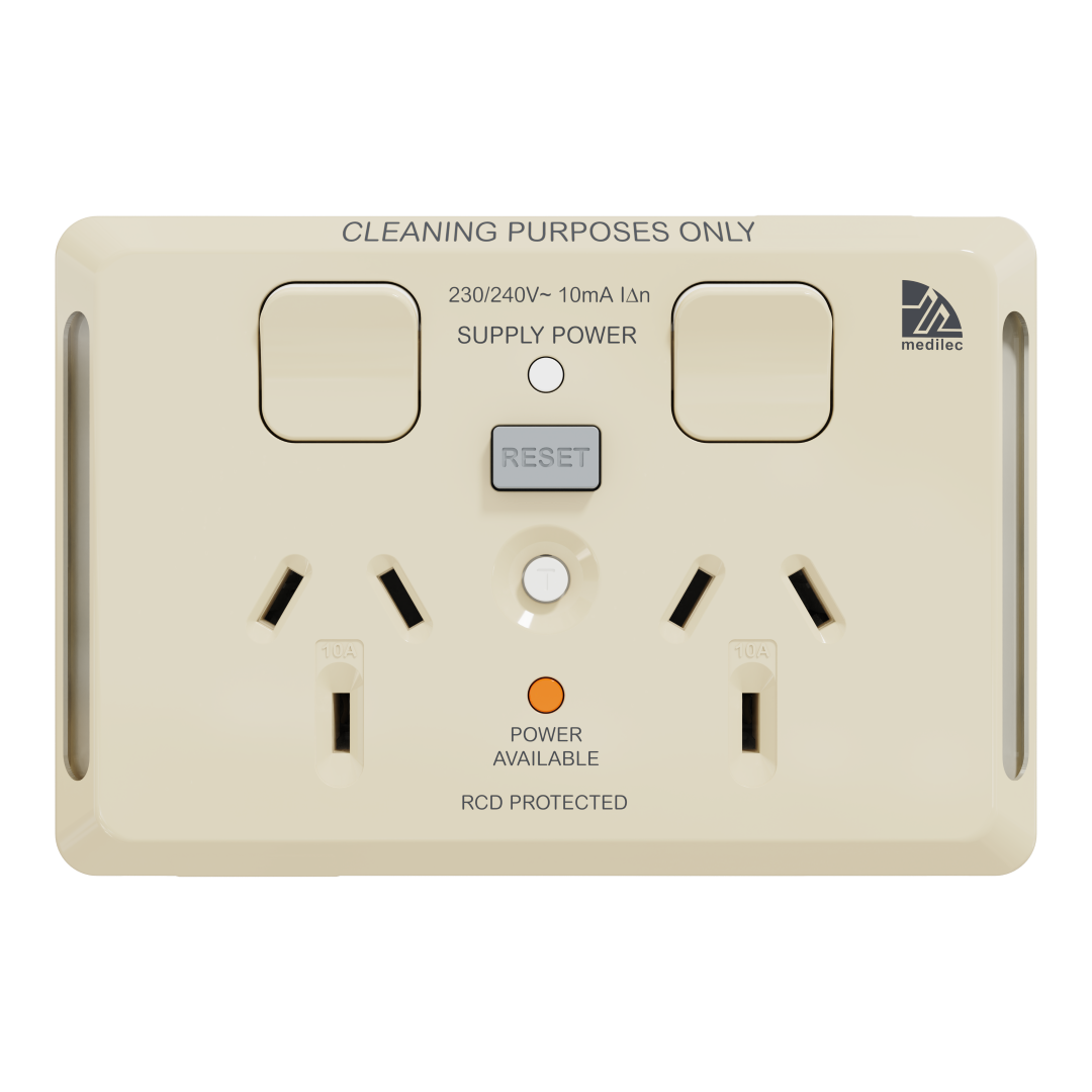 Medilec RCD Twin Switched Socket, Horizontal 10mA 10A - Beige