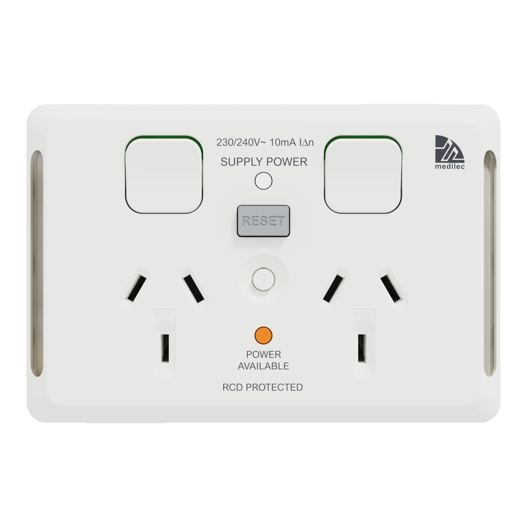 Medilec RCD Twin Switched Socket, Horizontal 10mA 10A - White Electric